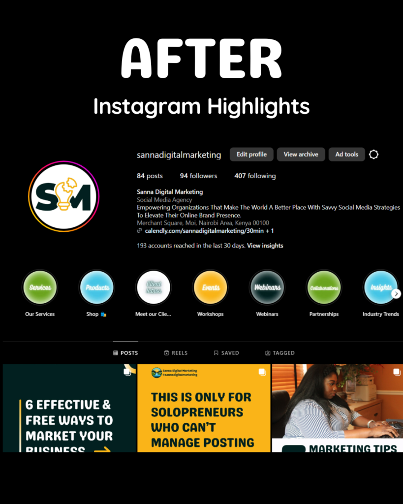 How To Use Stories On Social Media To Grow Your Small Business In Kenya - Instagram highlights after transformation